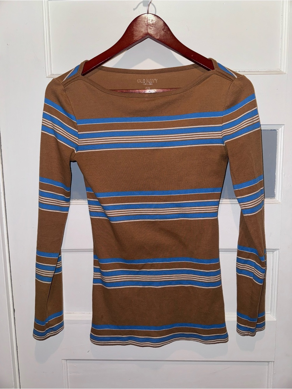 Old Navy Brown Long-Sleeve Stripe Top with Blue & Cream Bands
